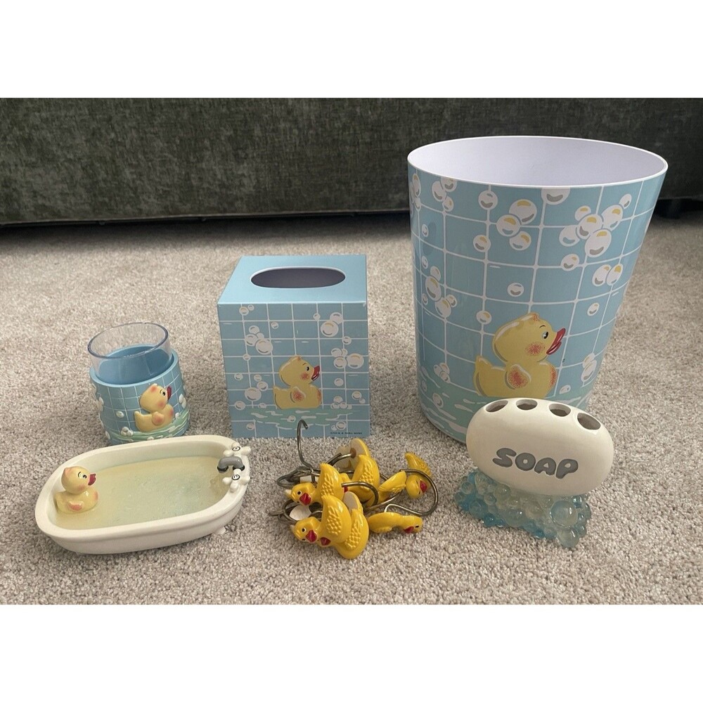 Y2K Nick & Nora Home Rubber Ducky Bathroom Set Resin Soap Dish Trash Can Cup